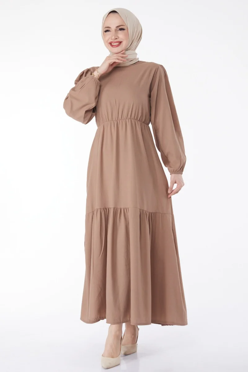 Tofisa Plain Crew Neck Women's Mink Waist Lace-Up Dress - 13144