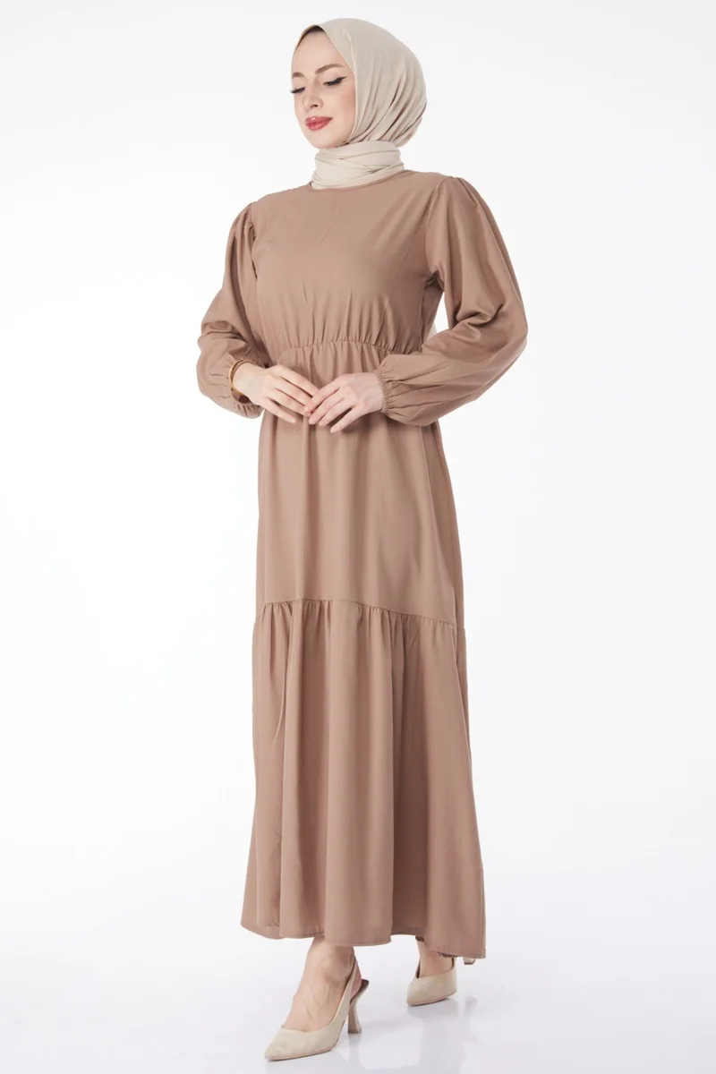 Tofisa Plain Crew Neck Women's Mink Waist Lace-Up Dress - 13144
