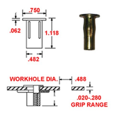 Hanson Rivet S31MG280 Steel PRE-BULBED Shank, Multi-Grip Rivet-NUT Gold ZINC Finish, 5/16-18 X .020-.280 Grip Range (Pack of 25) - Image 2