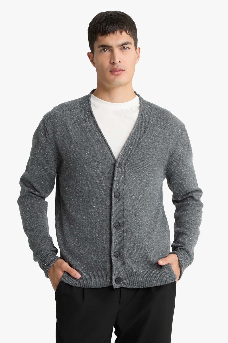 DeFacto Grey Man Relax Fit V Neck Cardigan Casual - Image 1