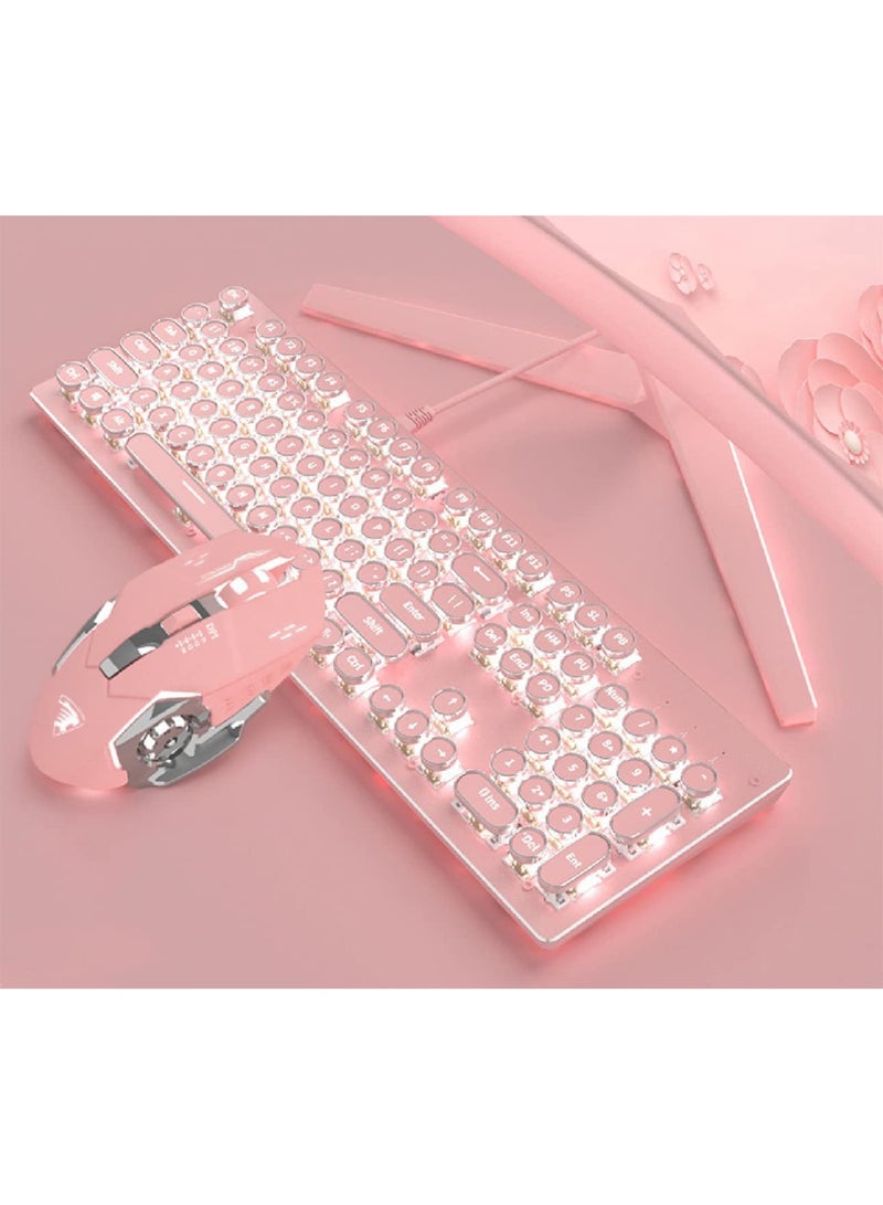 MONOGUE Gaming Keyboard and Mouse Set Retro Punk Typewriter Mechanical Design Blue Switch White Backlight USB Wired for Desktop Laptop - Image 1