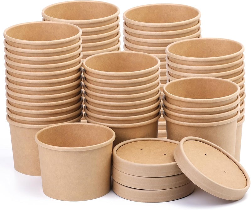 Giwrmu 12 oz 75 Pack Soup Containers with Lids, Paper Soup Cups with Lids, Disposable Kraft Paper Bowls, Soup Containers To Go, Ice Cream Cups For Dessert Yogurt Ice Cream - Image 1