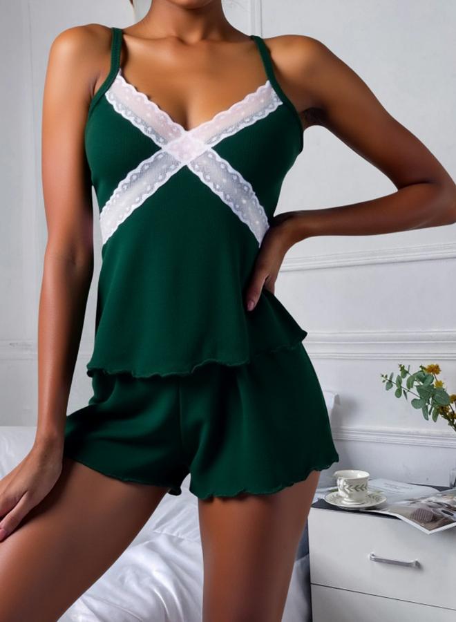 Take Two Dark Green Lace Trim Cami and Shorts Set - Image 1