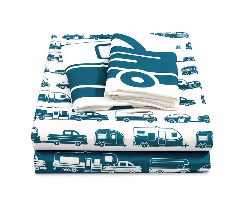Camco Life is Better at The Campsite Queen-Size Bed Sheets | Set Includes (1) Fitted, (1) Flat Sheet and (2) Pillow Cases | Blue RV Print (53298) - Image 1