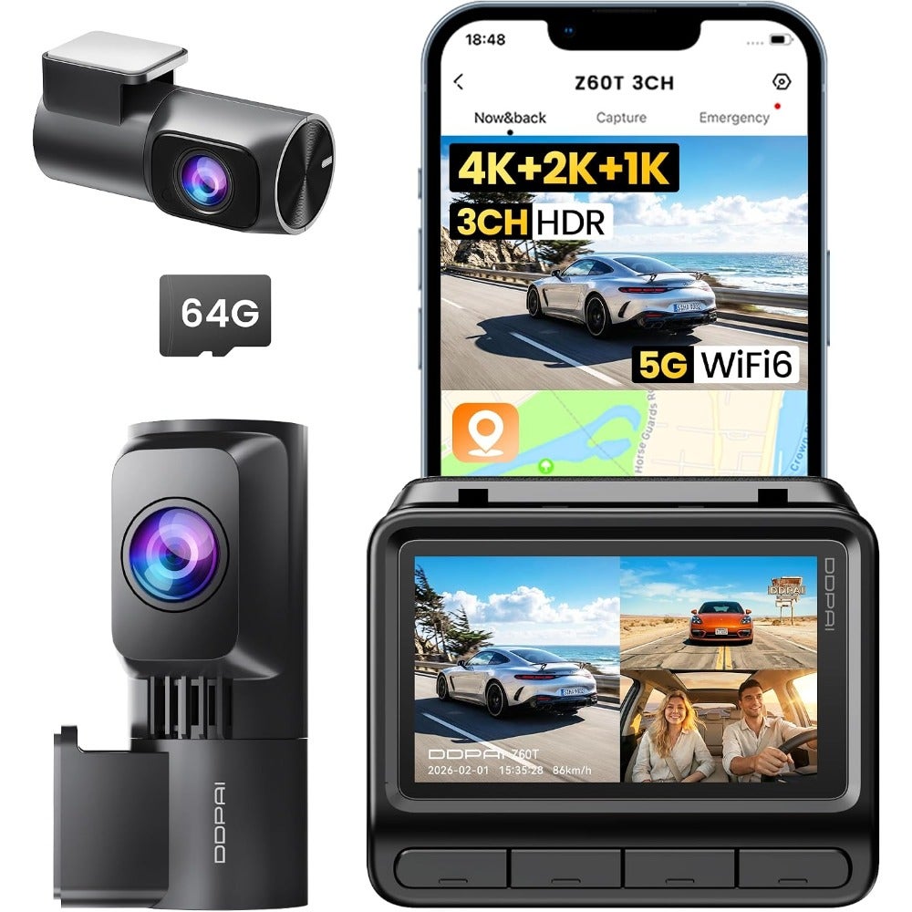 Car dashcam with 4K front, 2K interior, and 1080P rear channels; black ABS plastic; 3-inch IPS display; HDR, 5G WiFi6, GPS, AI ISP night vision, 24H parking mode