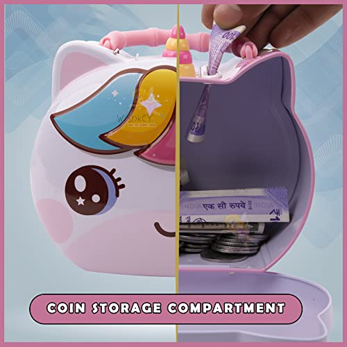 WISHKEY Cute Attractive Cartoon Unicorn Piggy Bank with Security Lock & Keys for Kids Money Saving Storage Coin Collector Box for Boys & Girls (Pack of 1, Multicolor) - Image 4