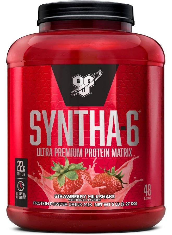 BSN مصفوفة بروتين سينثا-6 فائقة الجودة، مسحوق بروتين مصل اللبن، كازين ميسيلار، مسحوق بروتين الحليب المعزول - مخفوق الحليب بالفراولة، 5 رطل، 48 حصة (2.27 كجم) - Image 1