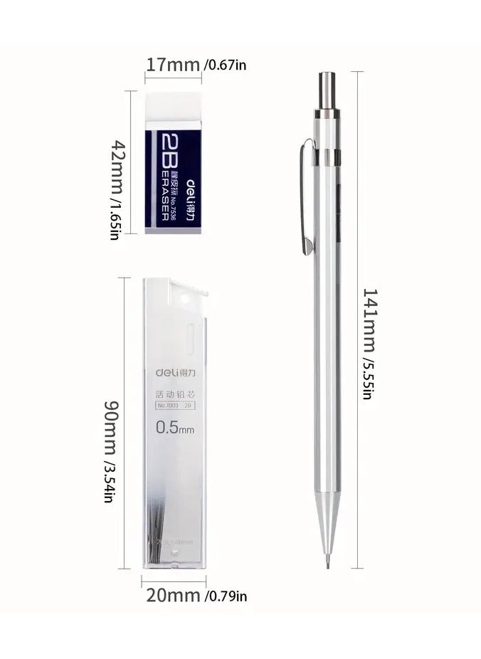Deli - 3pcs Mechanical Pencil Set, Mechanical Pencil Set Includes 1pc 2B Eraser, 1pc Active Pencil, 1pc 0.5mm Refill, For Office & School - Image 1