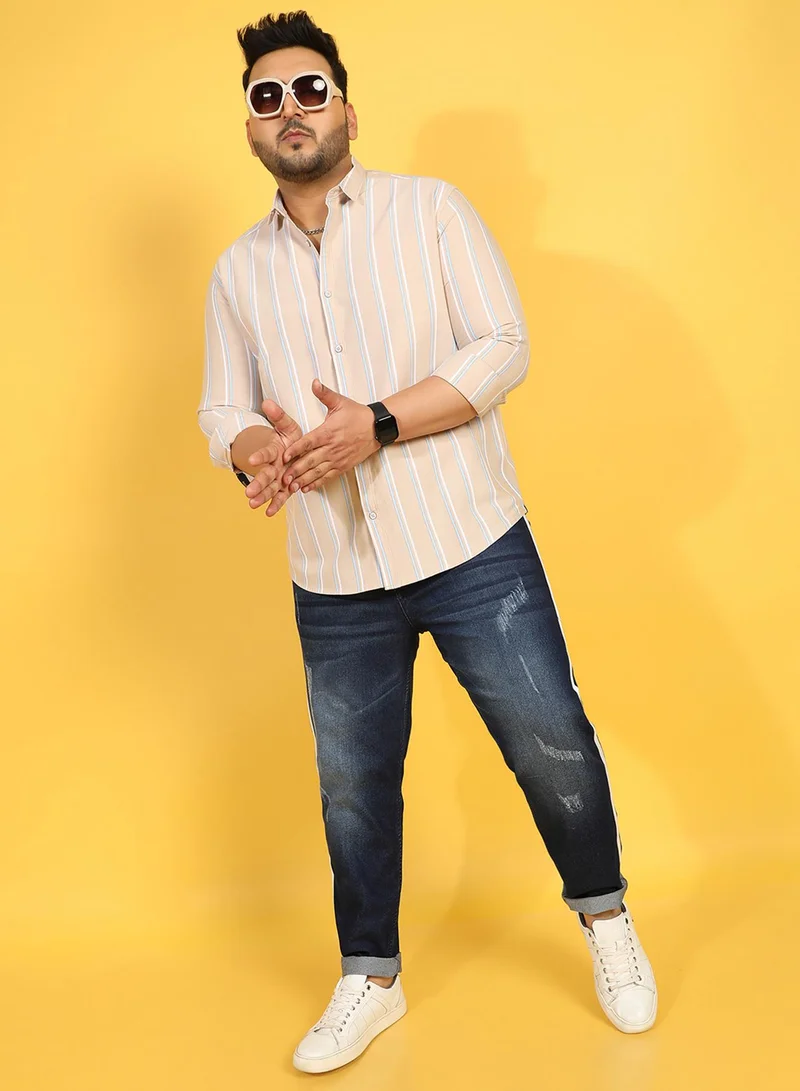 Instafab Plus Instafab Plus Men's Beige Striped Button Up Plus-Size Fit Shirt For Casual Wear | Cotton Spread Collar Shirt Crafted With Regular Sleeve & Comfort Fit For Everyday Wear