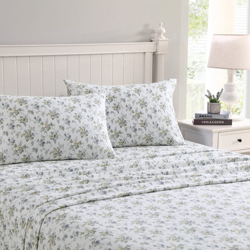Laura Ashley - Flannel Sheets Twin Size, Anti-Pilling & Wrinkle Resistant Cotton, Touchably Soft for All-Season Comfort - Bed Sheets with Matching Pillowcase & Fitted Sheet (Le Fleur Cottage Blue) - Image 1
