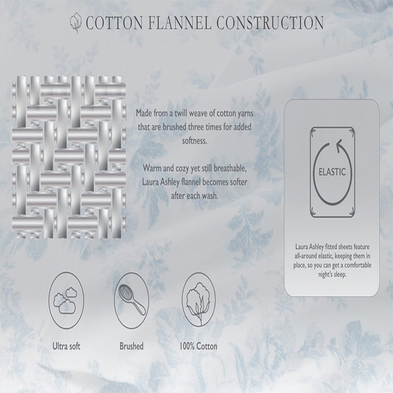 Laura Ashley - Flannel Sheets Twin Size, Anti-Pilling & Wrinkle Resistant Cotton, Touchably Soft for All-Season Comfort - Bed Sheets with Matching Pillowcase & Fitted Sheet (Le Fleur Cottage Blue) - Image 4