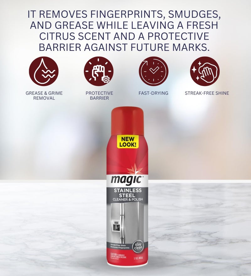 GROVE Magic Stainless Steel Cleaner & Polish Spray 17 oz Bundle with Microfiber Cloth - Foaming Formula for Easy Cleaning of Appliances, Sinks, and Chrome Surfaces - (2 Items) - Image 3
