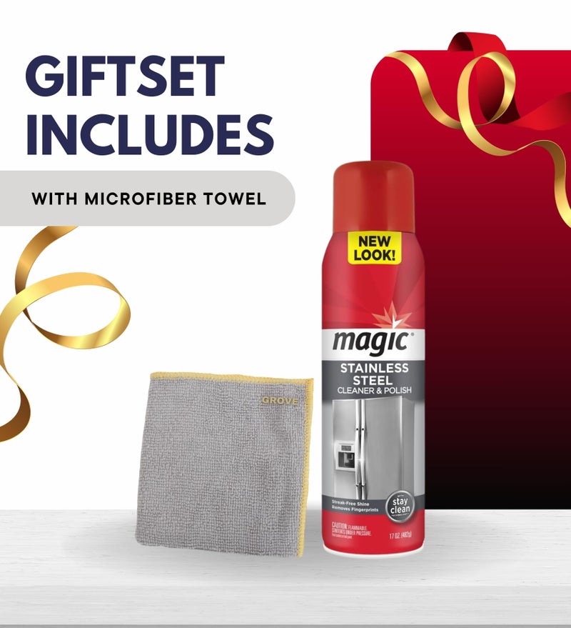 GROVE Magic Stainless Steel Cleaner & Polish Spray 17 oz Bundle with Microfiber Cloth - Foaming Formula for Easy Cleaning of Appliances, Sinks, and Chrome Surfaces - (2 Items) - Image 2