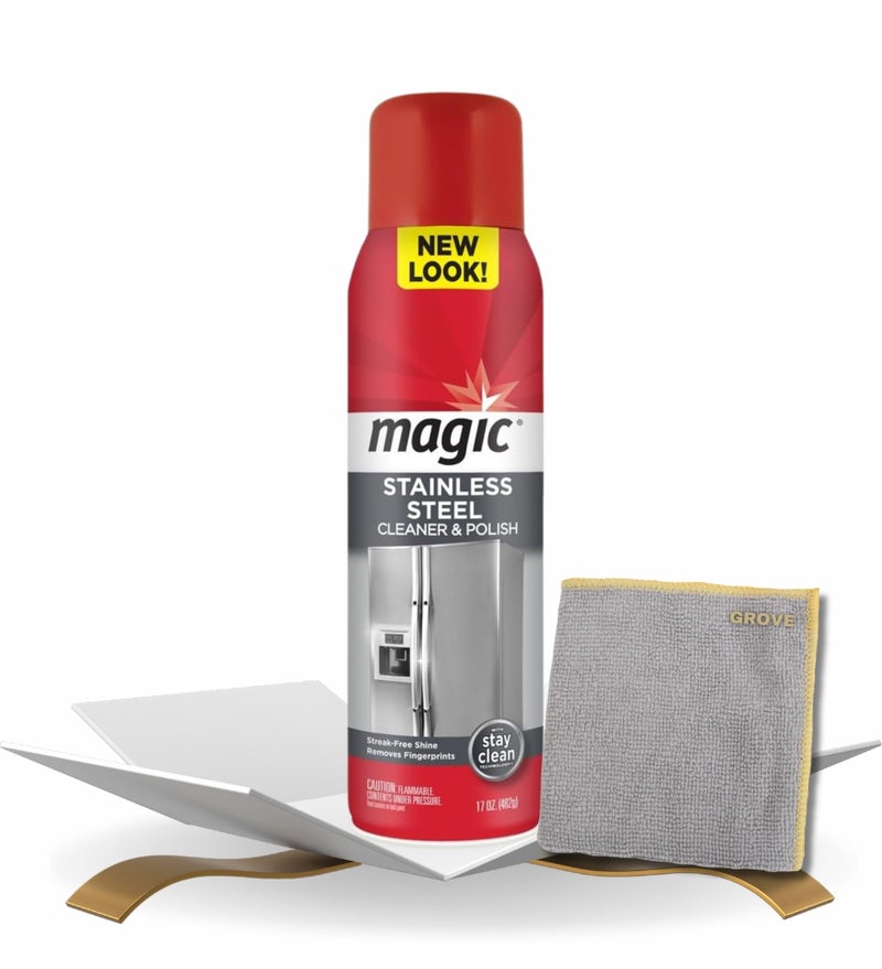 GROVE Magic Stainless Steel Cleaner & Polish Spray 17 oz Bundle with Microfiber Cloth - Foaming Formula for Easy Cleaning of Appliances, Sinks, and Chrome Surfaces - (2 Items) - Image 1