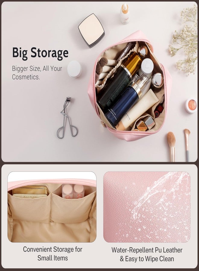 Aveniee Travel Makeup Bag, Large Toiletry Bag for Women, Vegan Leather Travel Pouches Case, Make Up Bag for Travel Essentials Brushes, Cosmetic Bag Purse Organizer with Divider and Gold Zippers-Pink - Image 4