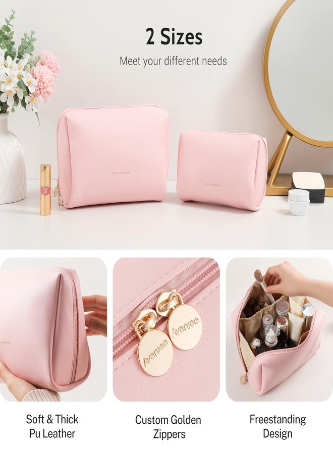 Aveniee Travel Makeup Bag, Large Toiletry Bag for Women, Vegan Leather Travel Pouches Case, Make Up Bag for Travel Essentials Brushes, Cosmetic Bag Purse Organizer with Divider and Gold Zippers-Pink - Image 3
