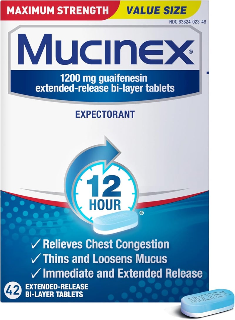 MUCINEX موكسينكس 12 ساعة 1200 ملغ أقصى قوة جوايفينيسين لتخفيف احتقان الصدر والمخاط، مساعد طرد المخاط، مزيل احتقان الصدر للبالغين، موصى به من قبل الأطباء، 42 قرص