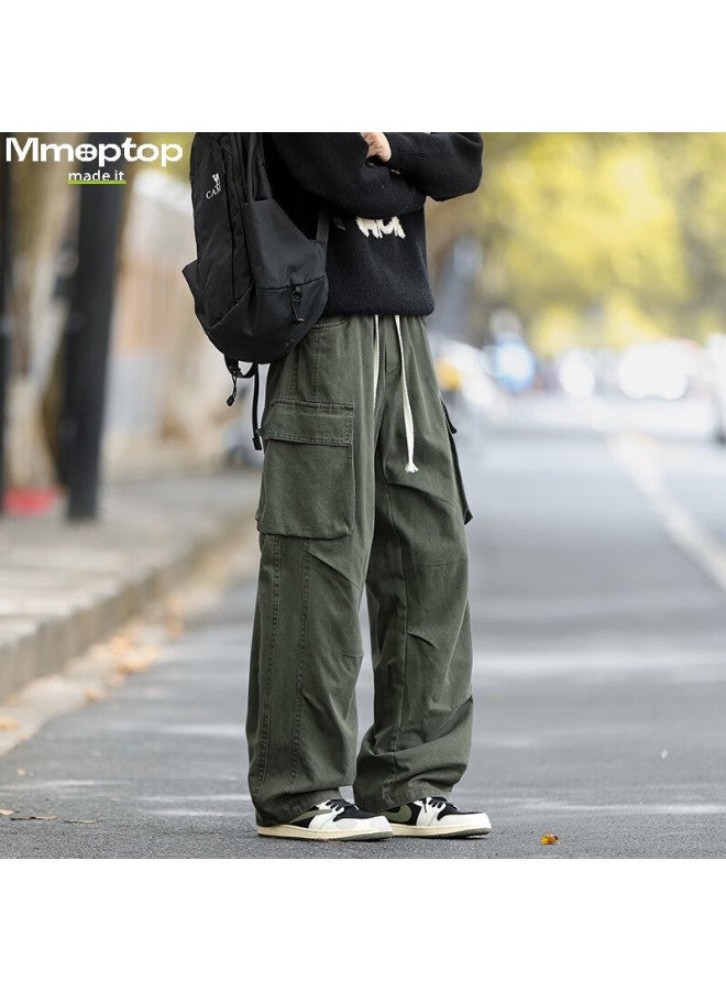 Mmoptop American Style Pure Cotton Textured Workwear Pants Autumn Winter Breathable Durable Wide Leg Casual Pants Mxxk68 Military Green L - Image 5