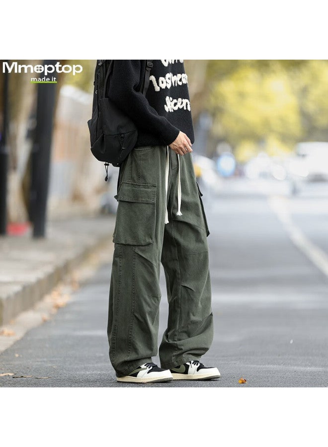 Mmoptop American Style Pure Cotton Textured Workwear Pants Autumn Winter Breathable Durable Wide Leg Casual Pants Mxxk68 Military Green L - Image 4
