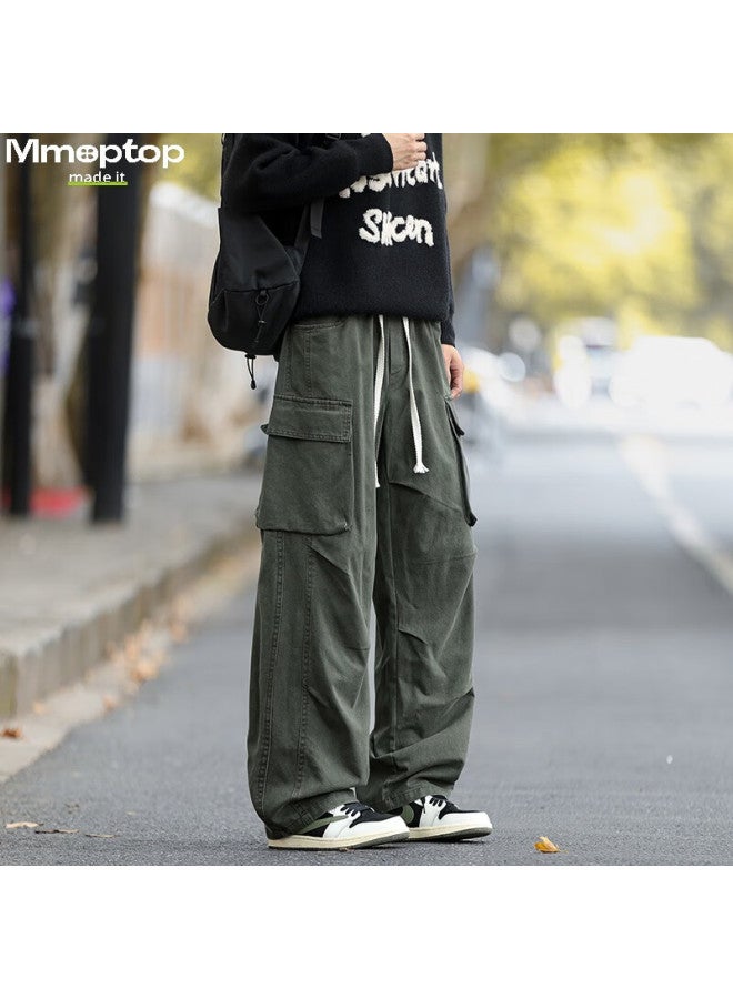 Mmoptop American Style Pure Cotton Textured Workwear Pants Autumn Winter Breathable Durable Wide Leg Casual Pants Mxxk68 Military Green L - Image 3