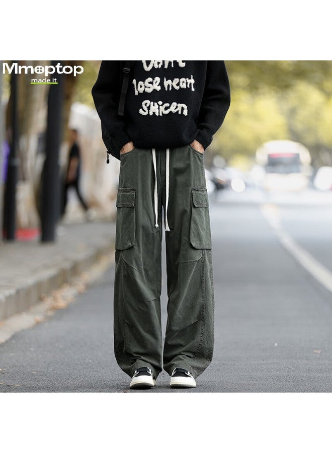 Mmoptop American Style Pure Cotton Textured Workwear Pants Autumn Winter Breathable Durable Wide Leg Casual Pants Mxxk68 Military Green L - Image 1