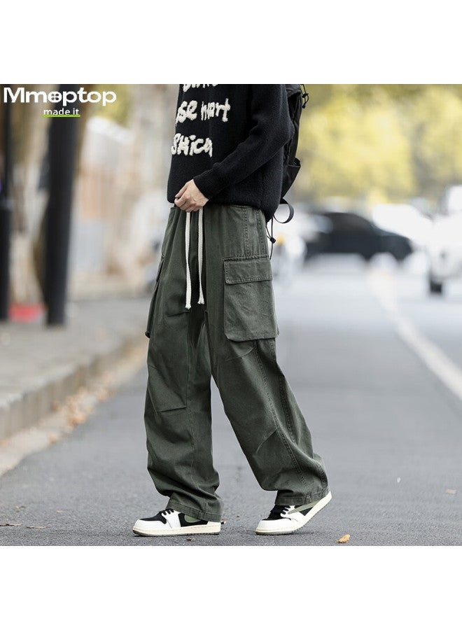 Mmoptop American Style Pure Cotton Textured Workwear Pants Autumn Winter Breathable Durable Wide Leg Casual Pants Mxxk68 Military Green L - Image 2
