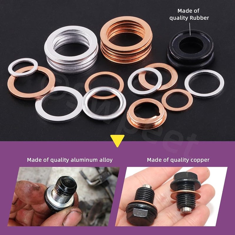Swpeet 80Pcs 14 Types Oil Drain Plug Gasket Assortment Kit, Aluminum/Copper/Rubber Oil Crush Washers Seals Kit Compatible with Toyota Honda Subaru VW Audi Mercedes Benz - Image 4