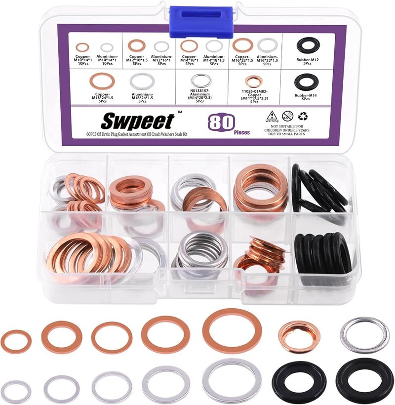 Swpeet 80Pcs 14 Types Oil Drain Plug Gasket Assortment Kit, Aluminum/Copper/Rubber Oil Crush Washers Seals Kit Compatible with Toyota Honda Subaru VW Audi Mercedes Benz - Image 1