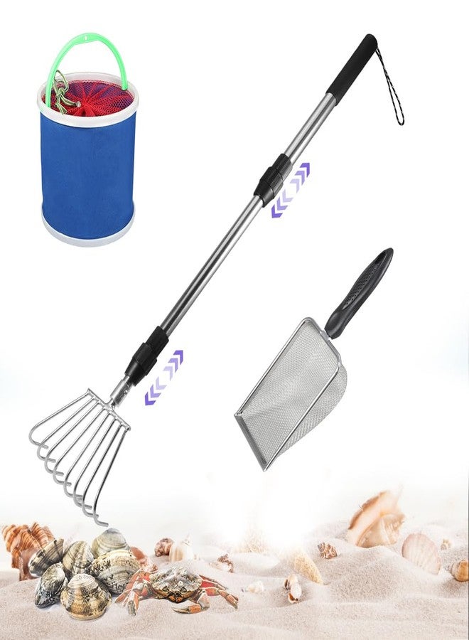 PAMISO Beach Sifter Sand Flea Rake, Stainless Steel 8-Tooth Clam Digging Claw Rake and 36” Long Telescoping Pole Sets with Scoops, Foldable Water Bucket - Image 1