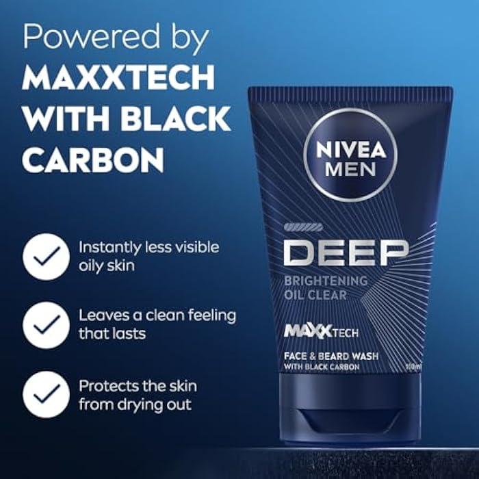 NIVEA MEN Face & Beard Wash Cleanser, DEEP Active Charcoal, 100ml - Image 2
