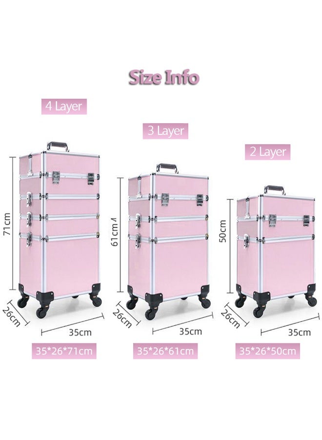 Professional Trolley Makeup Case, Large Capacity Rolling Makeup Organizer Case for Cosmetics MakeUp Brushes, Portable Makeup Train Case for Hair, Beauty & Makup Artists (Pink, 4 Layer)  - Image 2