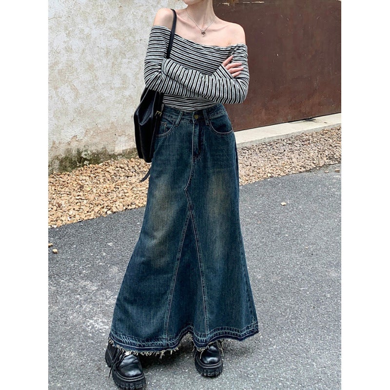 Hot Girl Design Niche Lotus Leaf Hip Fishtail Skirt Womens chubby girl plus size New High Waist Split Denim Skirt Vintage blue
