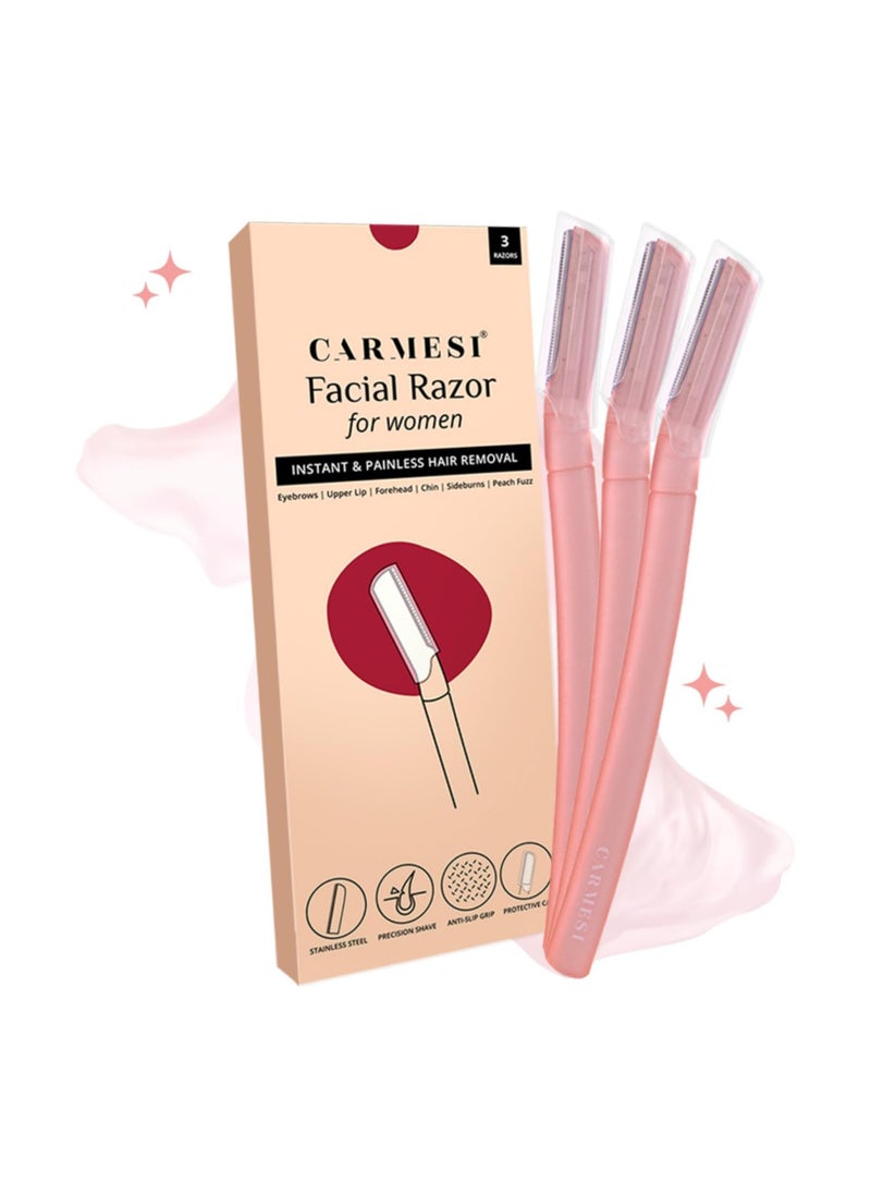 CARMESI Carmesi Reusable Face Razor for Women Facial Hair- 3 Razors | Instant & Painless Hair Removal | For Eyebrows, Upper Lip, Forehead, Peach Fuzz, Chin and Sideburns | Dermaplaning Tool  - Image 1