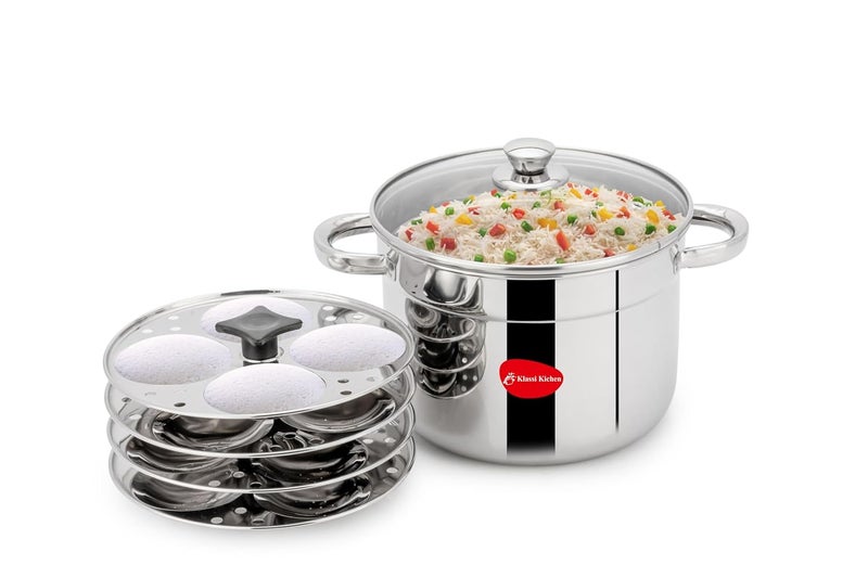 KLASSI KICHEN Stainless Steel Idli Pot with Steamer , Glass Lid Induction & Standard Idli Maker (4 Plates , 16 Idlis )-5.0 litre||Vegetable steamer||Momo maker||Cooking Pot||Idli Cooker with Glass Lid||Heavy Gauge Stainless Steel||Dish washer Safe Cookware - Image 5