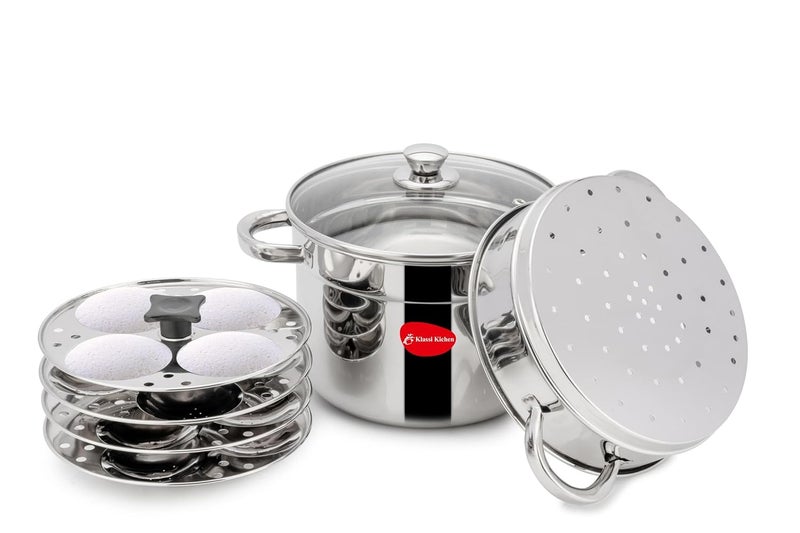 KLASSI KICHEN Stainless Steel Idli Pot with Steamer , Glass Lid Induction & Standard Idli Maker (4 Plates , 16 Idlis )-5.0 litre||Vegetable steamer||Momo maker||Cooking Pot||Idli Cooker with Glass Lid||Heavy Gauge Stainless Steel||Dish washer Safe Cookware - Image 1