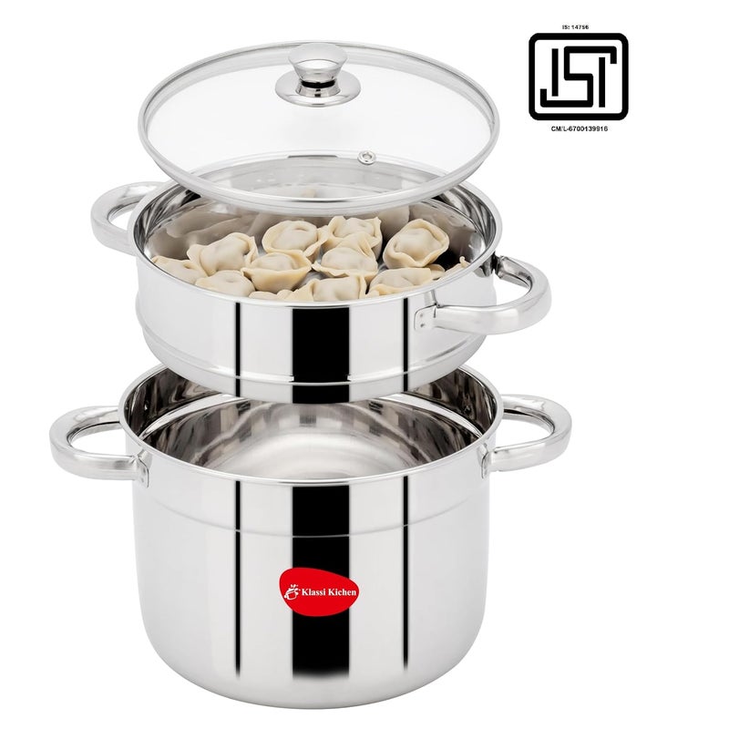 KLASSI KICHEN Stainless Steel Idli Pot with Steamer , Glass Lid Induction & Standard Idli Maker (4 Plates , 16 Idlis )-5.0 litre||Vegetable steamer||Momo maker||Cooking Pot||Idli Cooker with Glass Lid||Heavy Gauge Stainless Steel||Dish washer Safe Cookware - Image 2