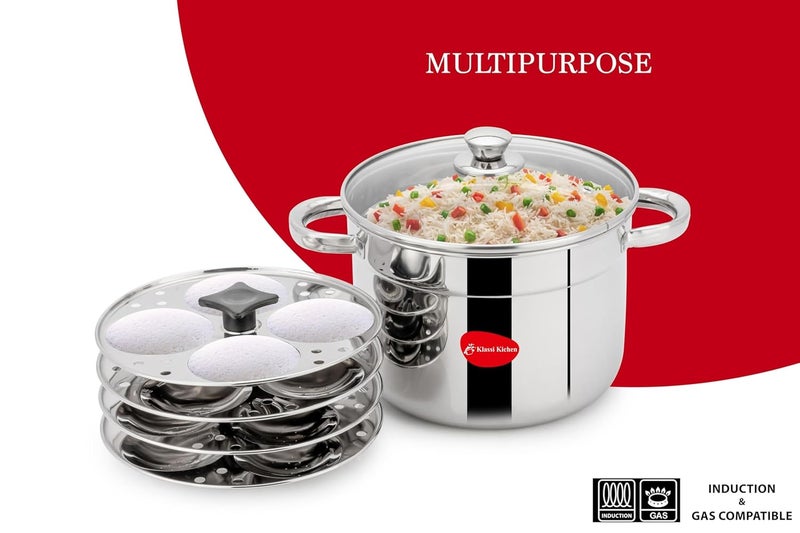 KLASSI KICHEN Stainless Steel Idli Pot with Steamer , Glass Lid Induction & Standard Idli Maker (4 Plates , 16 Idlis )-5.0 litre||Vegetable steamer||Momo maker||Cooking Pot||Idli Cooker with Glass Lid||Heavy Gauge Stainless Steel||Dish washer Safe Cookware - Image 3