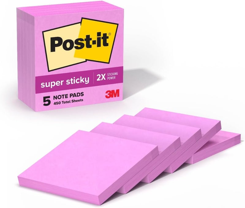 Post It ملاحظات لاصقة فائقة، 5 دفاتر ملاحظات لاصقة، 3 × 3 بوصة، مستلزمات مدرسية، منتجات مكتبية، ملاحظات لاصقة للأسطح العمودية، الشاشات، الجدران والنوافذ، وردي استوائي - Image 1