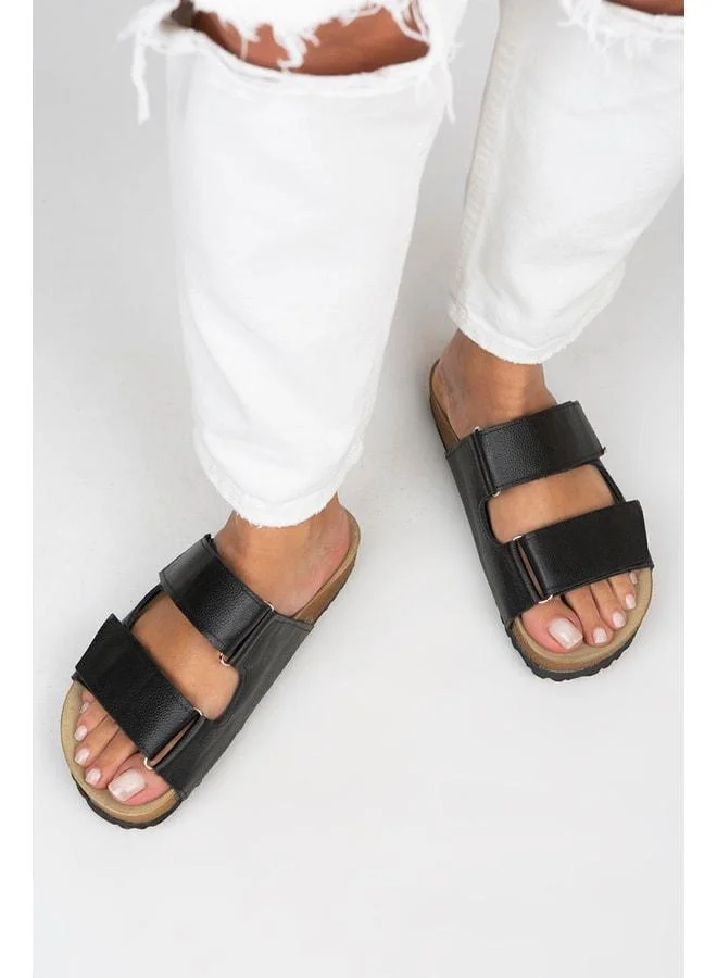 Vina Women's Genuine Leather Double strap Black Leather Slippers.