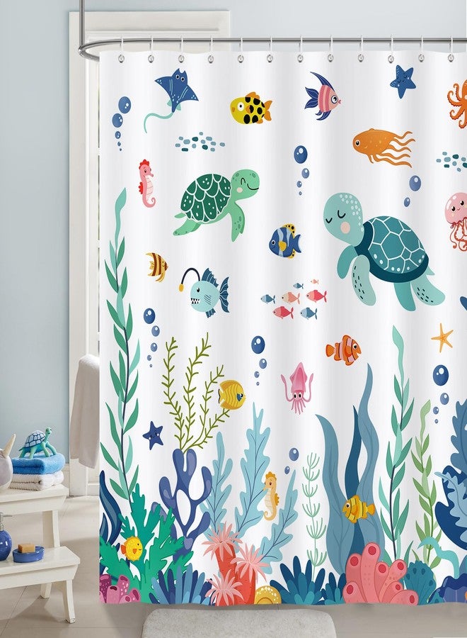 Bonhause Kids Shower Curtain, Cute Ocean Sea Turtle Fish Corals Underwater World Bathroom Decor for Boys Girls 72 x 72 Inch Polyester Fabric Waterproof Bath Curtain with 12 Hooks - Image 1