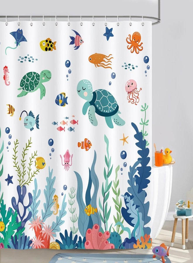 Bonhause Kids Shower Curtain, Cute Ocean Sea Turtle Fish Corals Underwater World Bathroom Decor for Boys Girls 72 x 72 Inch Polyester Fabric Waterproof Bath Curtain with 12 Hooks - Image 2