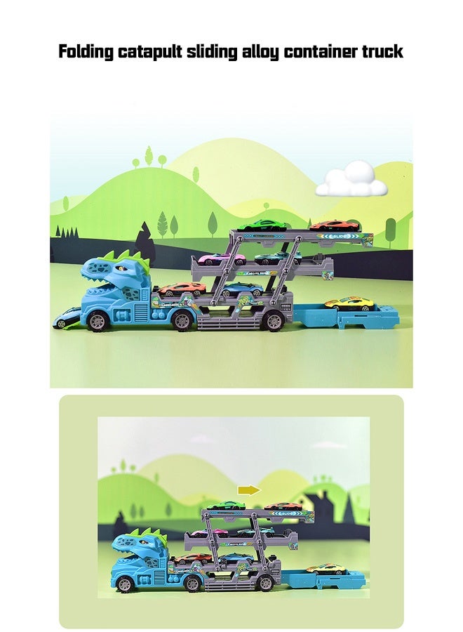 Die-Cast Vehicles,Race Car Track Toy Truck Toy with Two to inclined trajectory ejection & Foldable Race Tracks Transport Car Carrier Toy Dinosaur deformation catapult container truck for Toddlers Cars Toy Set Container Truck Toy with 8 Alloy Cars Vehicles Toy Set for 3+ Kids Boys Girls  - Image 4