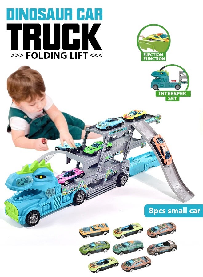 Die-Cast Vehicles,Race Car Track Toy Truck Toy with Two to inclined trajectory ejection & Foldable Race Tracks Transport Car Carrier Toy Dinosaur deformation catapult container truck for Toddlers Cars Toy Set Container Truck Toy with 8 Alloy Cars Vehicles Toy Set for 3+ Kids Boys Girls  - Image 1