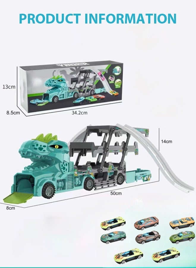 Die-Cast Vehicles,Race Car Track Toy Truck Toy with Two to inclined trajectory ejection & Foldable Race Tracks Transport Car Carrier Toy Dinosaur deformation catapult container truck for Toddlers Cars Toy Set Container Truck Toy with 8 Alloy Cars Vehicles Toy Set for 3+ Kids Boys Girls  - Image 2