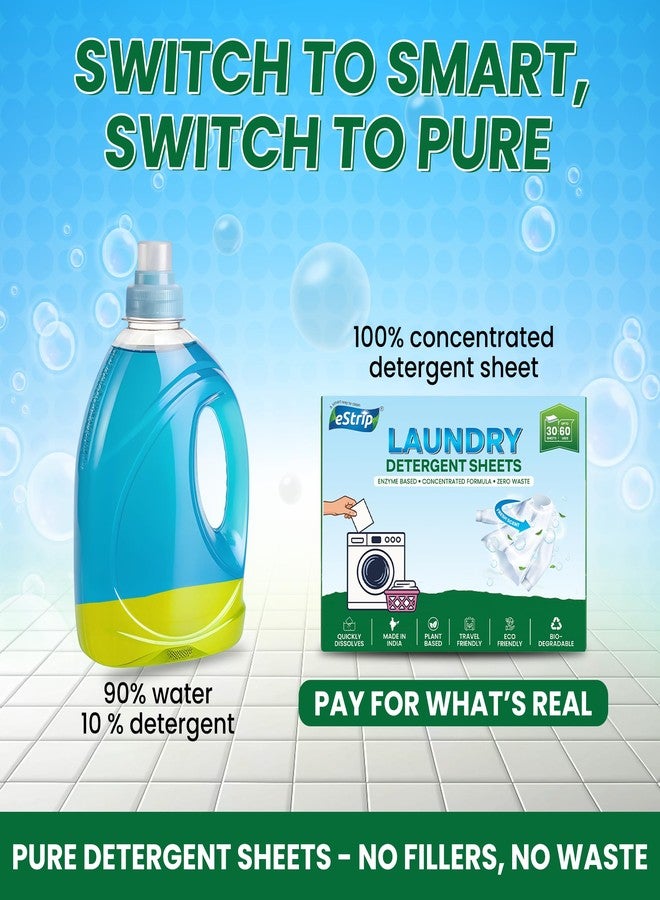 eStrip Laundry Detergent Sheets - 30 Sheets for 60 Washes | Plant-Based, Biodegradable & Eco-Friendly | Enzyme Based Formula | 1 Sheet = 2 Washes | Removes Tough Stains | Easy, Mess-Free Cleaning - Image 5