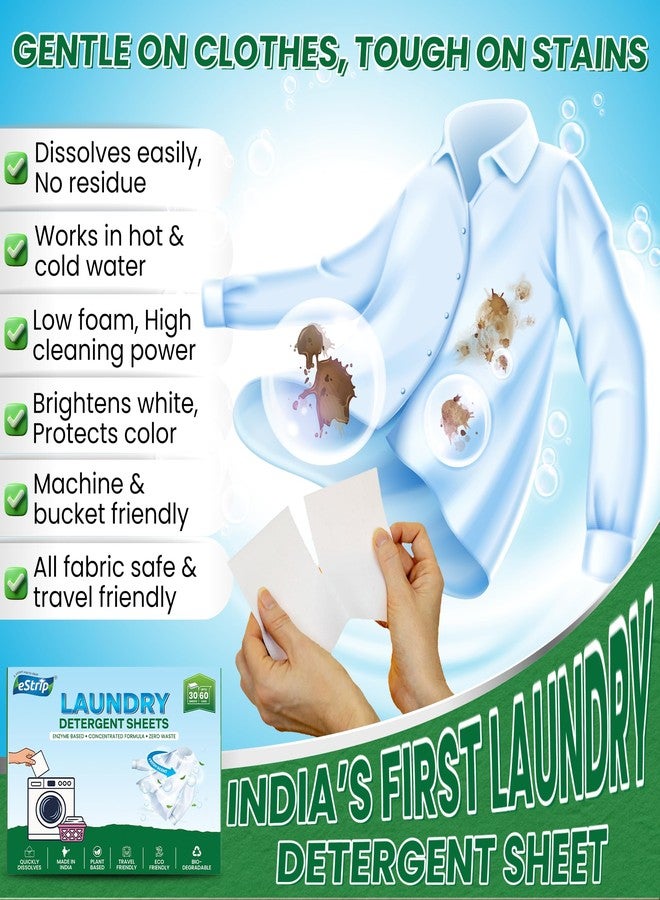 eStrip Laundry Detergent Sheets - 30 Sheets for 60 Washes | Plant-Based, Biodegradable & Eco-Friendly | Enzyme Based Formula | 1 Sheet = 2 Washes | Removes Tough Stains | Easy, Mess-Free Cleaning - Image 4