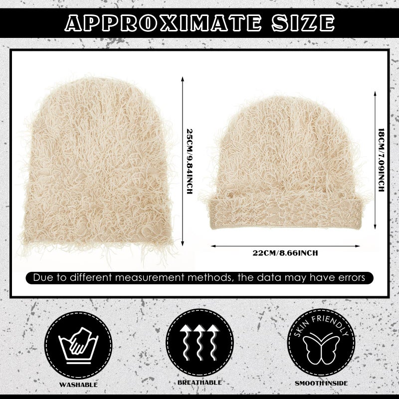 Chuarry Distressed Knitted Beanie Fuzzy Winter Hats Thick Warm Y2k Beanie Snow Knit Cap Skull for Women Men(Assorted Apricot,Regular Style) - Image 2