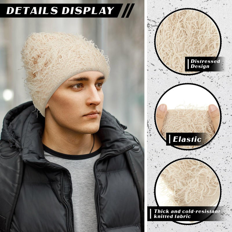 Chuarry Distressed Knitted Beanie Fuzzy Winter Hats Thick Warm Y2k Beanie Snow Knit Cap Skull for Women Men(Assorted Apricot,Regular Style) - Image 3