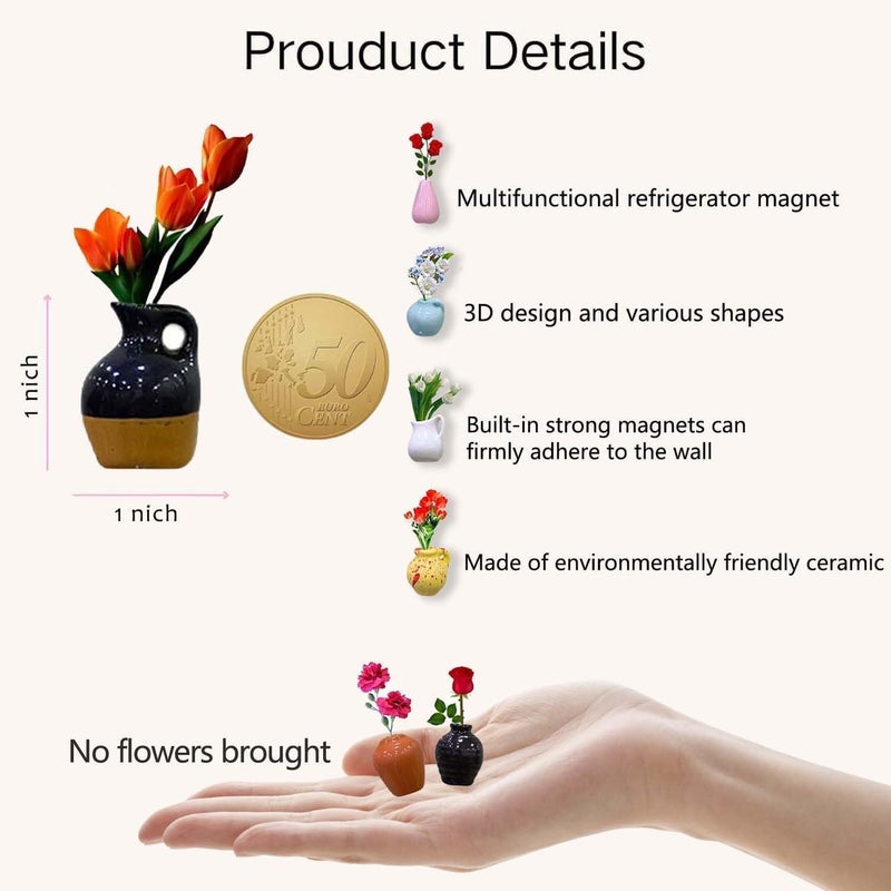 HZYH 8 Pack Mini Vase Magnets for Fridge, Small Ceramic Plant Refrigerator Magnets, 3D Decorative Vases for Kitchen Office Home Décor - Image 2
