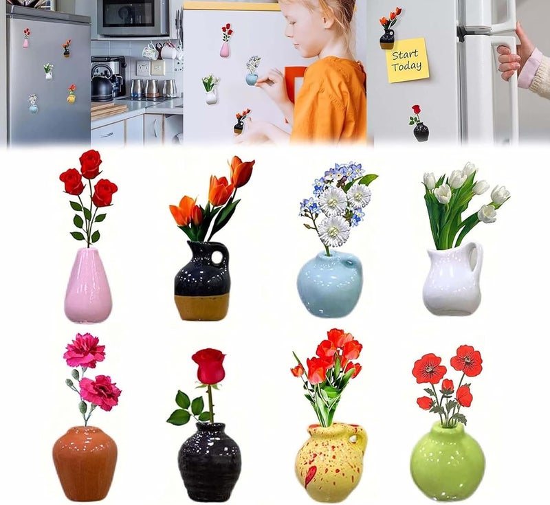 HZYH 8 Pack Mini Vase Magnets for Fridge, Small Ceramic Plant Refrigerator Magnets, 3D Decorative Vases for Kitchen Office Home Décor - Image 1